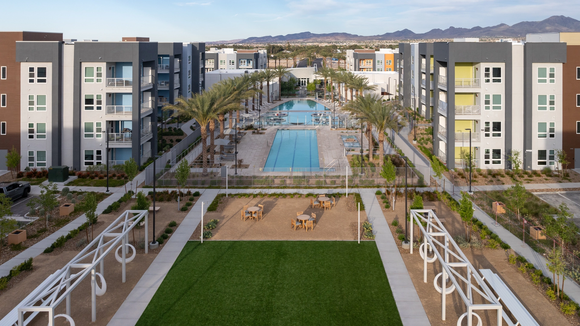 Aerial view of Ariva’s Great Lawn and pools in Las Vegas